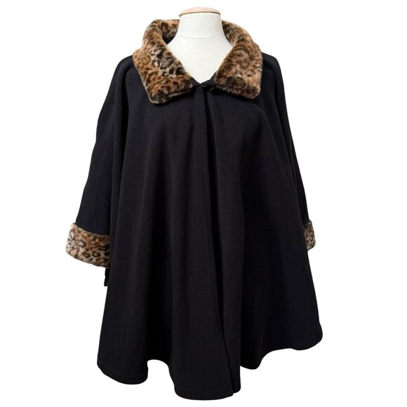 Preston & York Womens Black Cape Poncho Coat Leopard Faux Fur Trim NWT - Picture 1 of 12